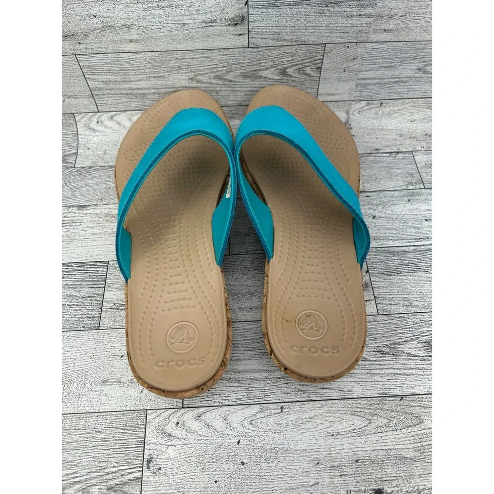 Crocs A-Leigh Leather Platform Flip Flop Wedge Sandals Turquoise Womens 8 14933